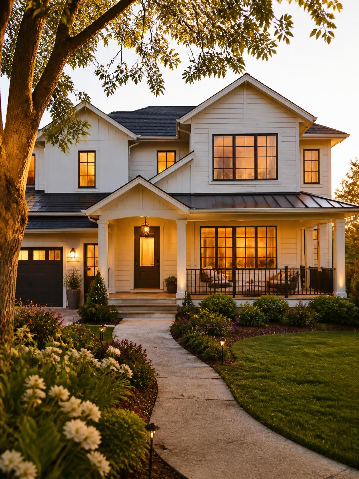 Contemporary suburban home at golden hour with warm interior lighting